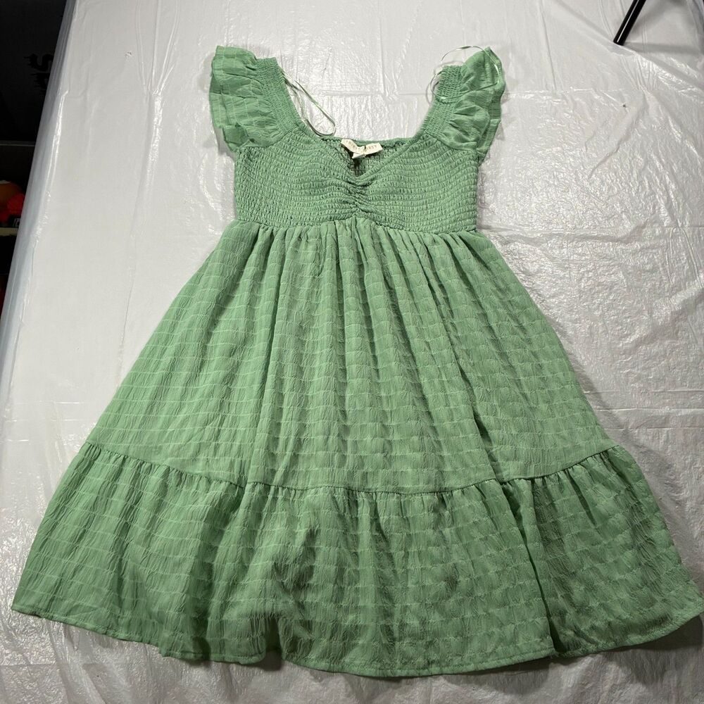 Thrity Thirty LA Green Smocked Puff Sleeve Mini Dress Textured Cottagecore XS